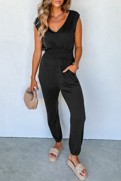 Black Shirred High Waist Sleeveless V Neck Jumpsuit