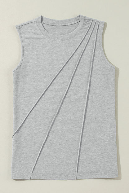 Gray Crew Neck Pleated Tank Top