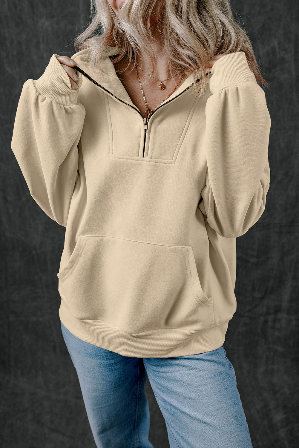 Light Grey Zip-up Stand Neck Kangaroo Pocket Sweatshirt