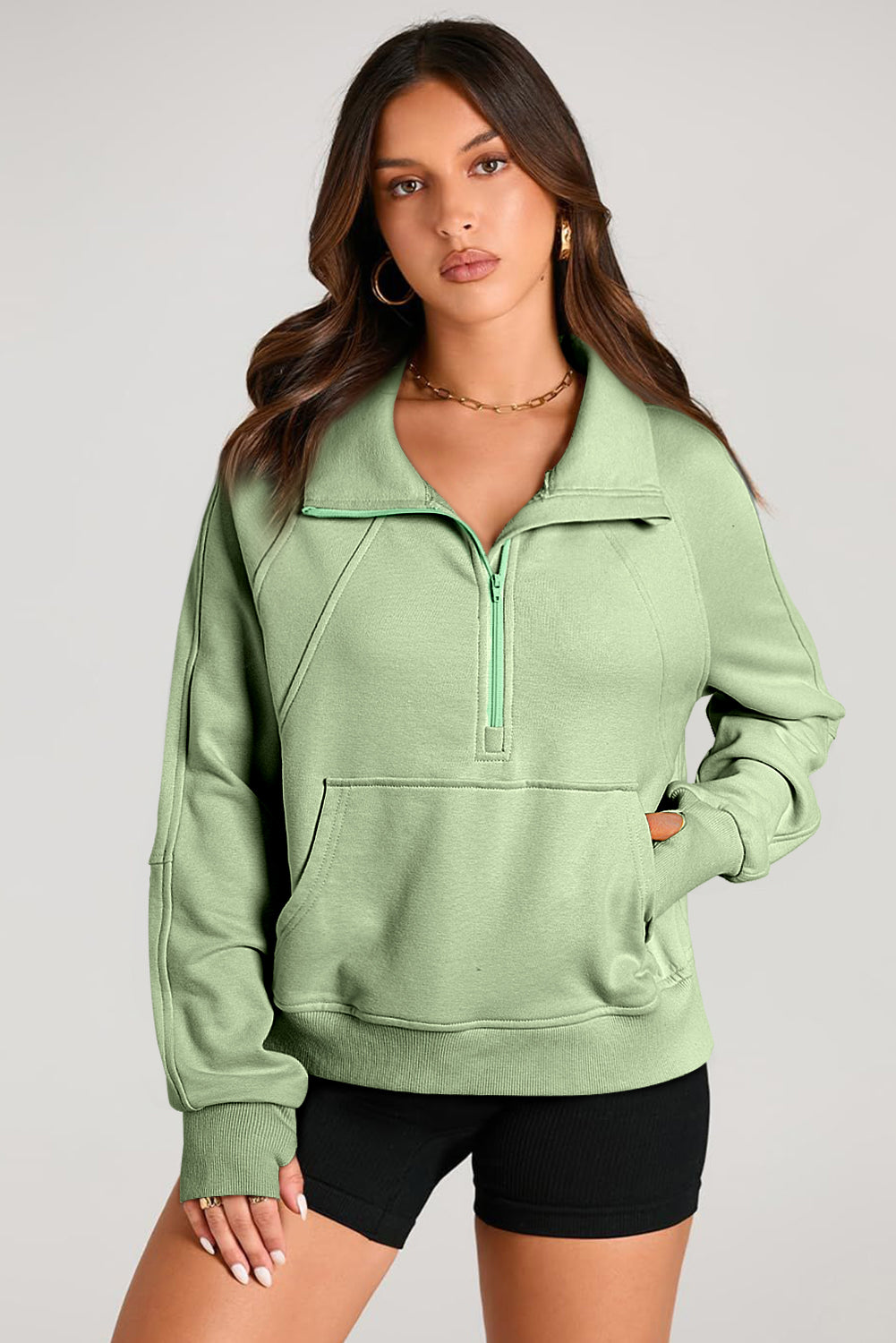 Brown Quarter Zip Stand Neck Kangaroo Pocket Sweatshirt