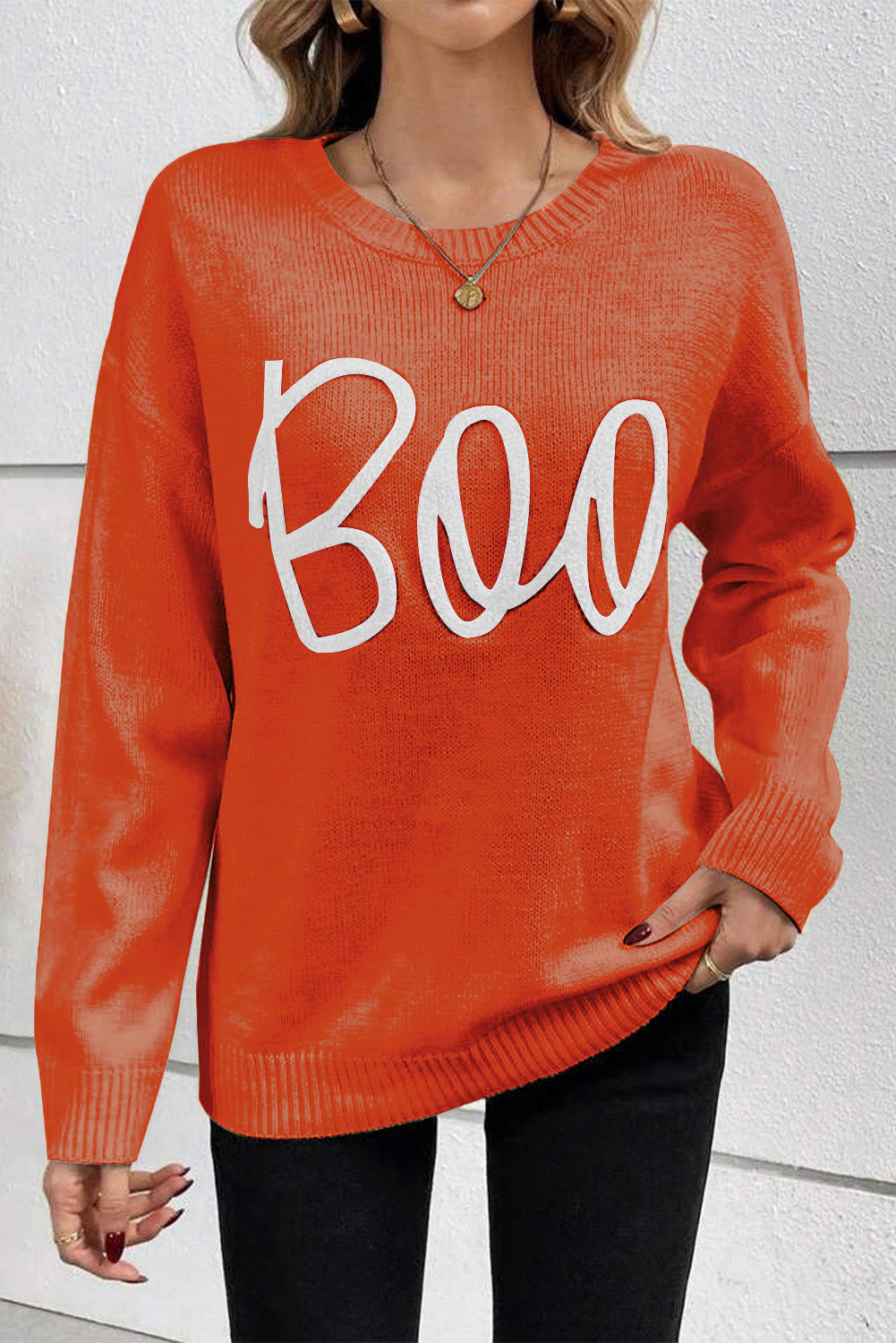 Orange Boo Knitted Pattern Ribbed Edge Drop Shoulder Sweater