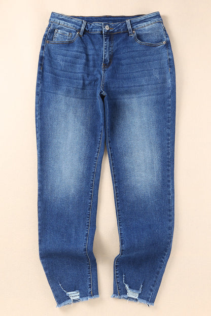 Blue Raw Hem Ankle-length Skinny Jeans