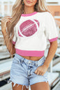 Pink Sequin Rugby Color Block Puff Short Sleeve Sweater