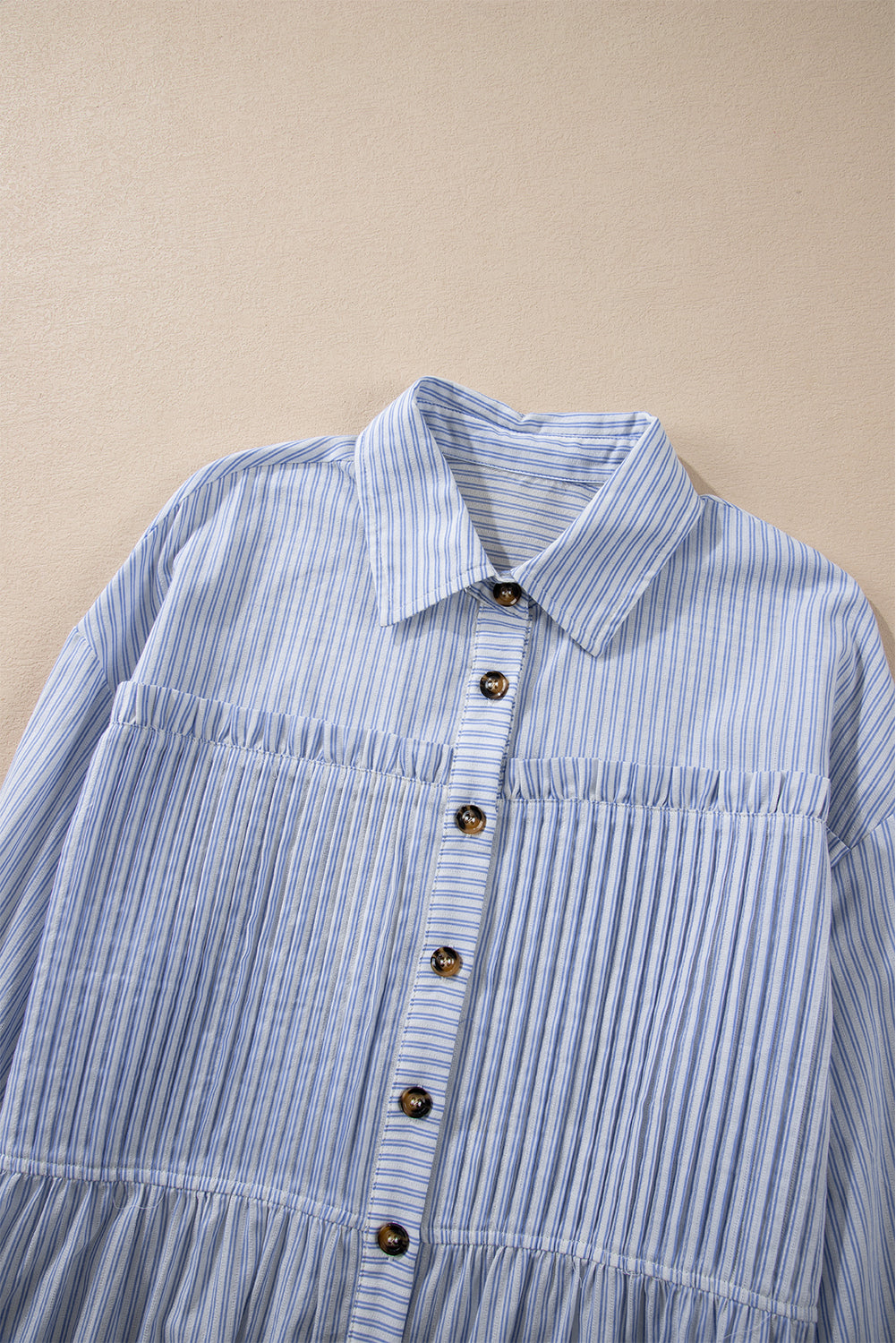 Sky Blue Stripe Ruffled Button up Long Sleeve Shirt