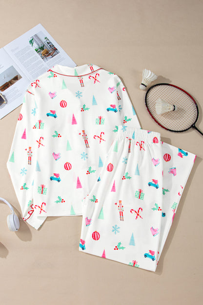 White Christmas Print Lapel Shirt and Pants Sleepwear