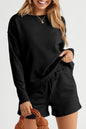 Black Textured Long Sleeve Top and Drawstring Shorts Set