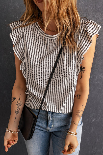 Gray Crew Neck Ruffled Striped Tank Top