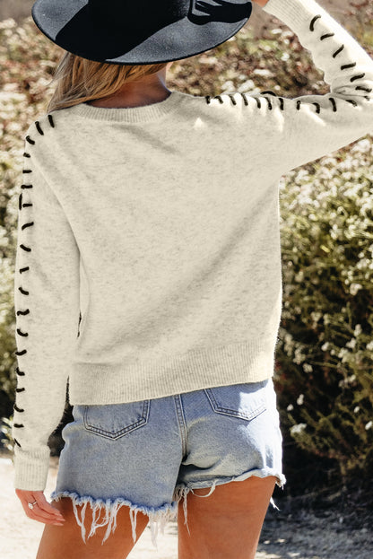 White Contrast Stitch Detail Ribbed Trim Sweater