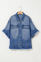 Peacock Blue Ruffled Frayed Short Sleeve Plus Size Denim Jacket