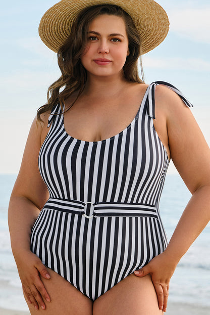 Black Stripe Plus Size Self Tie Straps O-Ring Waistband One Piece Swimsuit