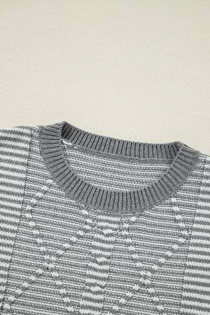 Gray Stripe Geometric Textured Drop Shoulder Sweater