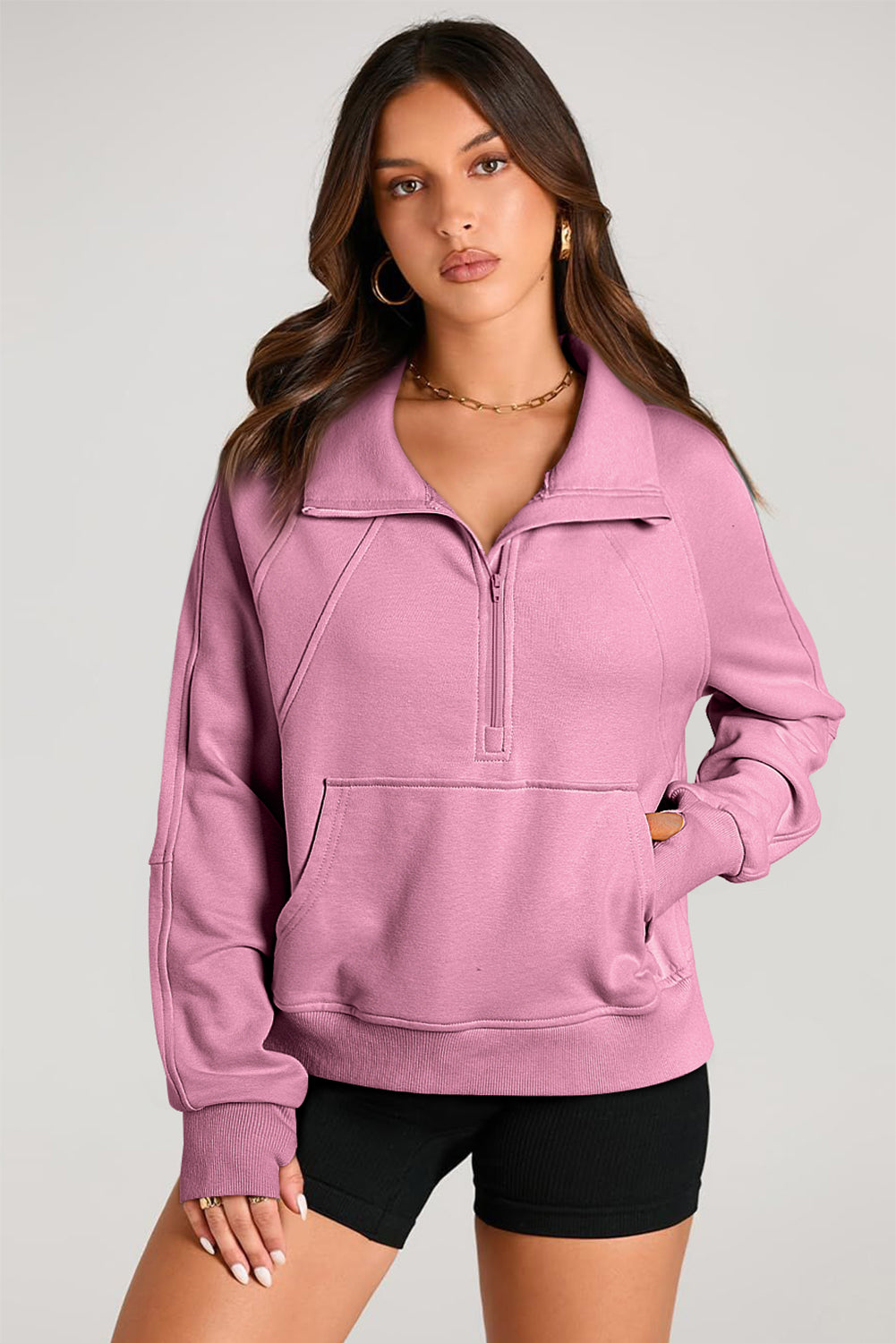 Brown Quarter Zip Stand Neck Kangaroo Pocket Sweatshirt