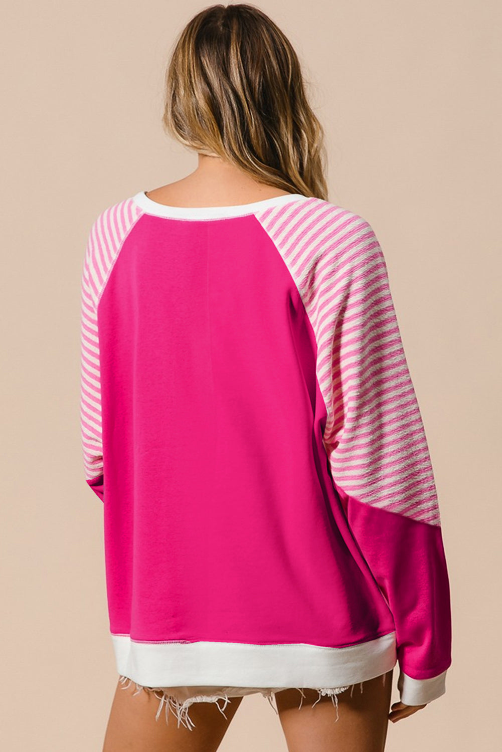 Strawberry Pink Striped Patchwork Crew Neck Raglan Sleeve Top