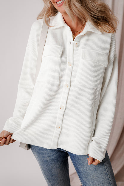 White Solid Color Corduroy Buttoned Long Sleeve Jacket