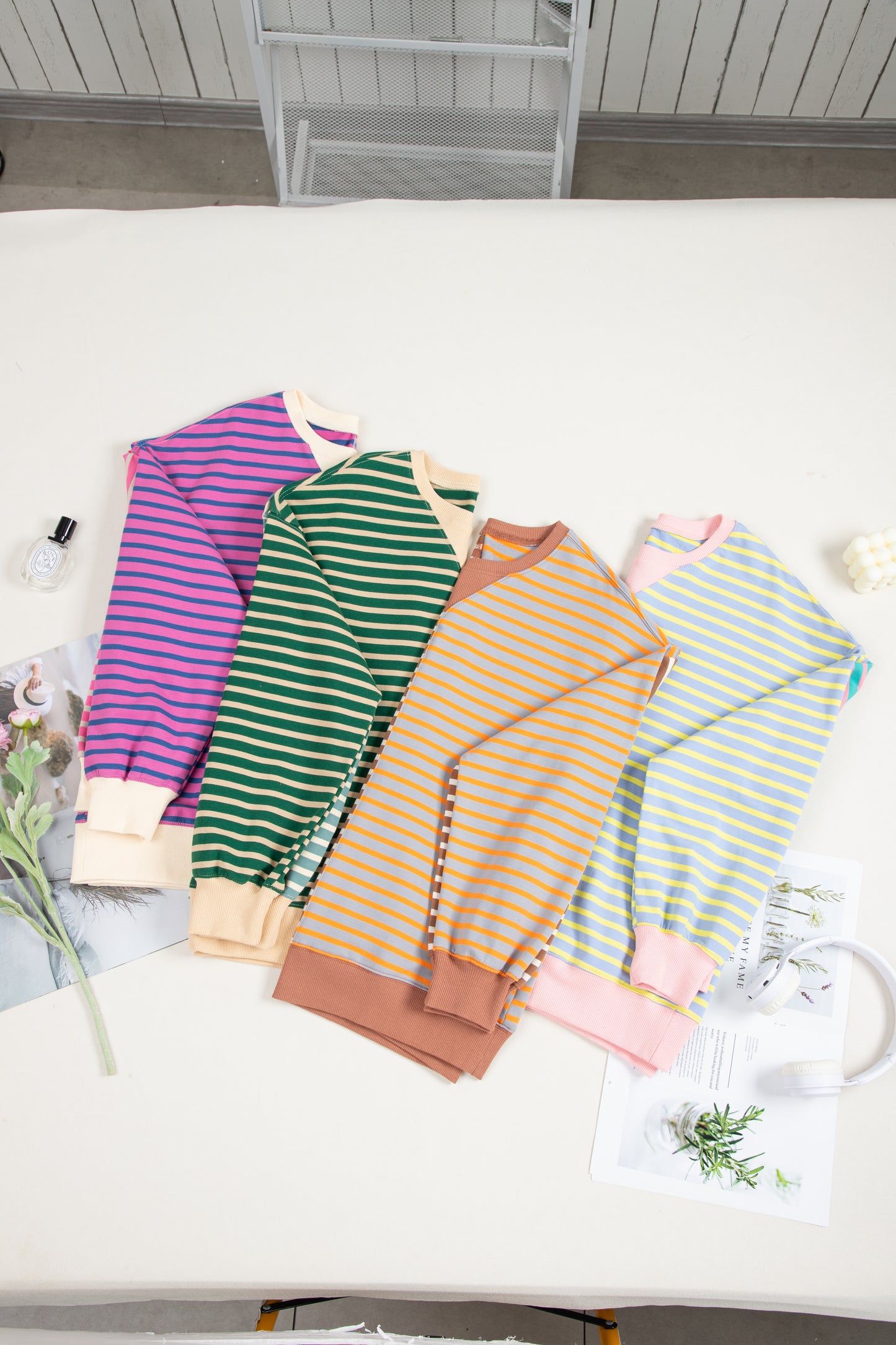 Green Stripe Colorblock Drop Shoulder Oversize Sweatshirt