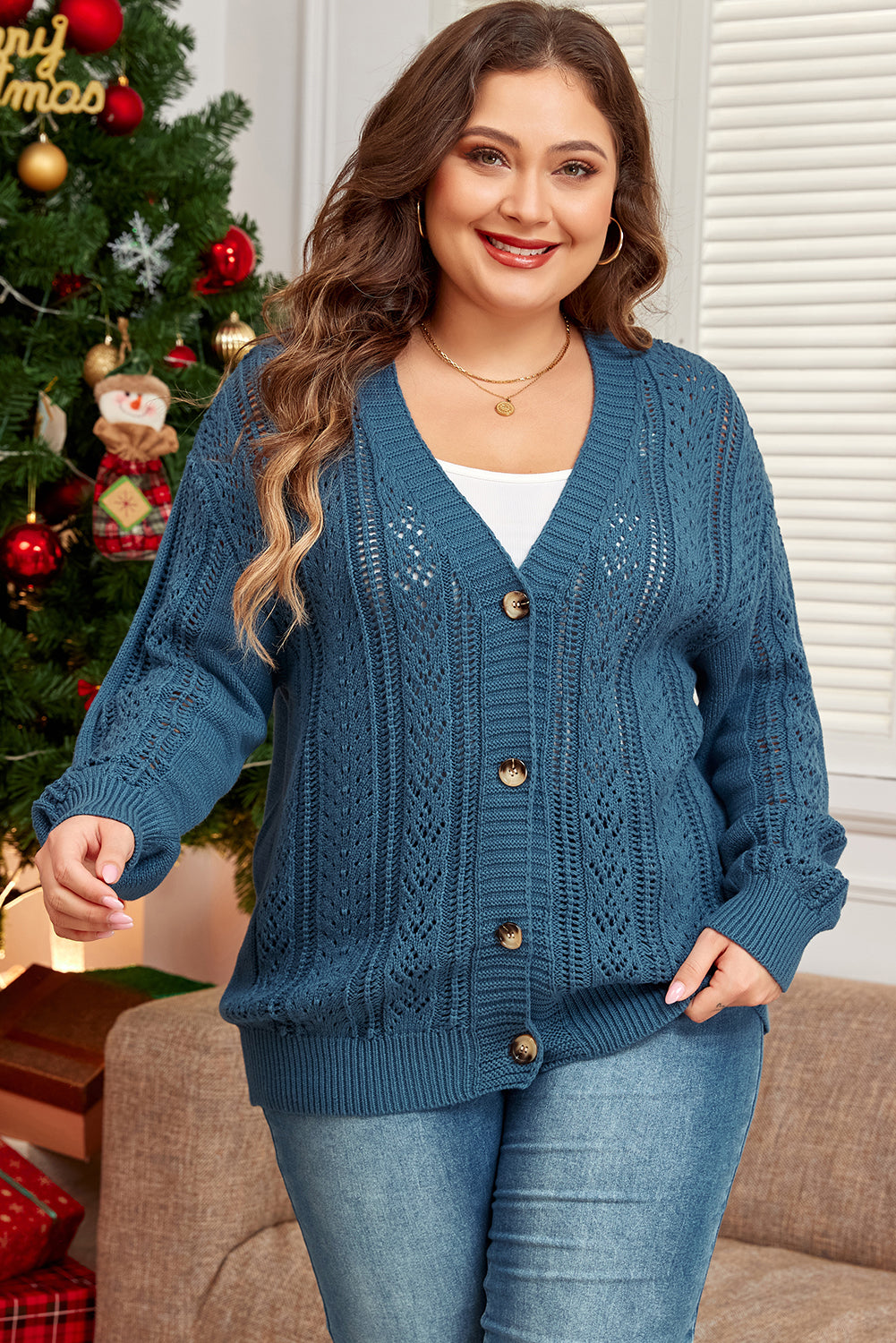 Real Teal Open Knit V Neck Button Front Drop Shoulder Plus Size Cardigan