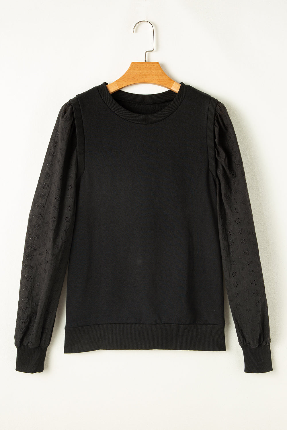 Black Solid Patchwork Sleeve Round Neck Sweatshirt