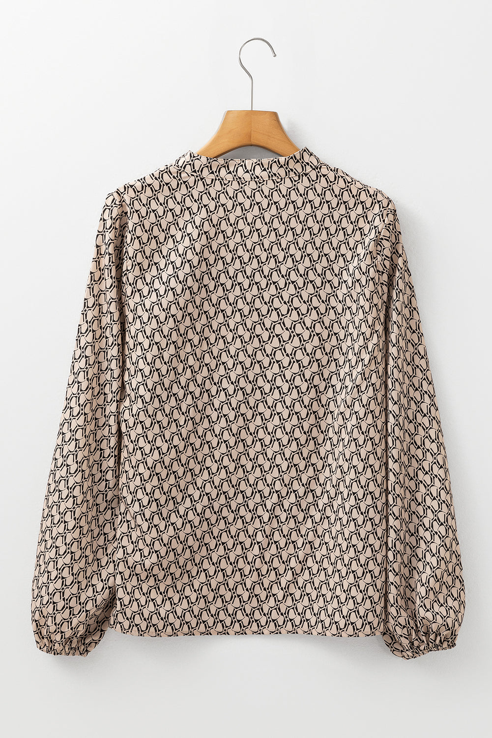 Khaki Geometric Print Notched Neck Puff Sleeve Blouse