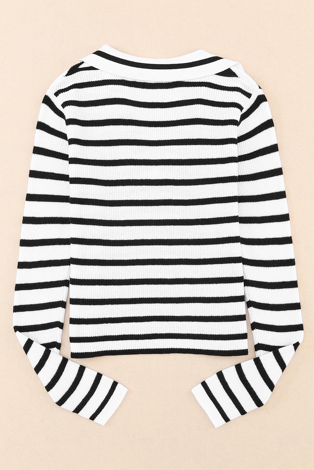 Stripe Collared V Neck Lightweight Knit Casual Sweater