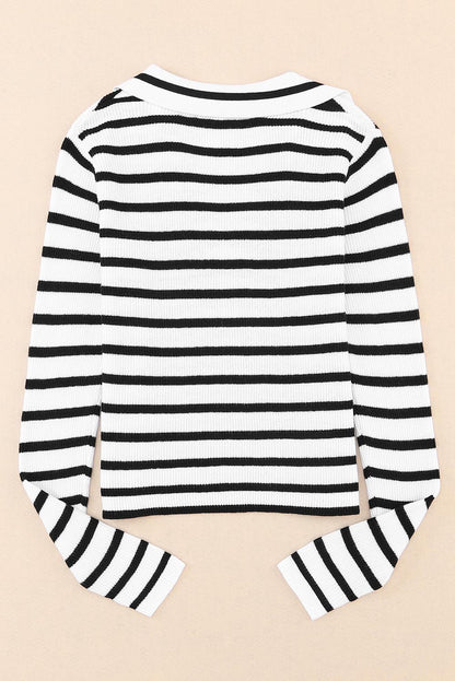 Stripe Collared V Neck Lightweight Knit Casual Sweater