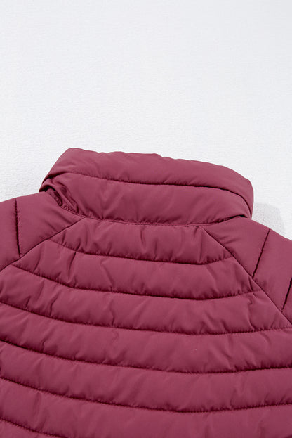 Burgundy Plush Collared Quilted Zipped Puffer Vest