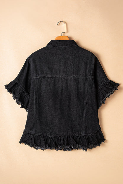 Black Raw Edge Ruffled Short Sleeve Denim Jacket