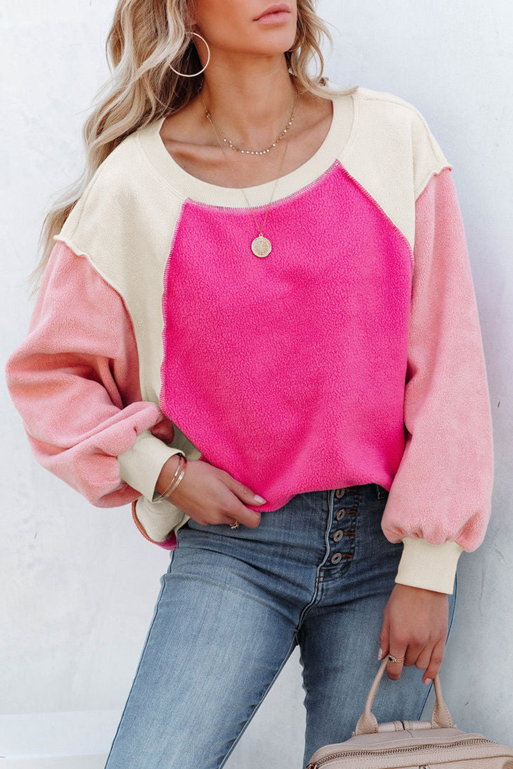 Rose Colorblock Long Sleeve Pullover Fleece Sweatshirt