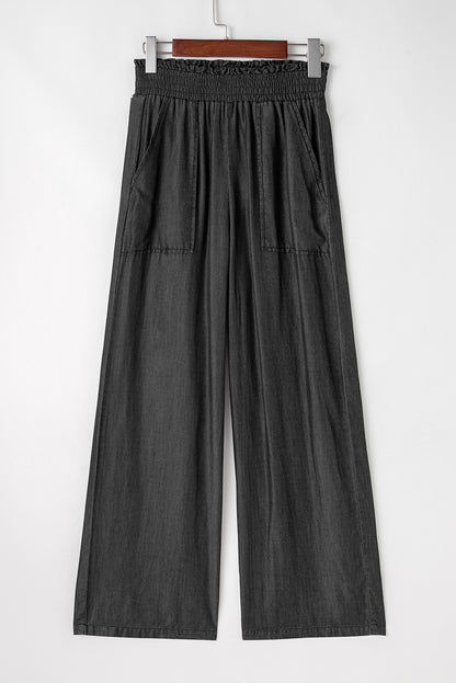 Black Side Pockets Frilled Smocked High Waist Wide Leg Jeans