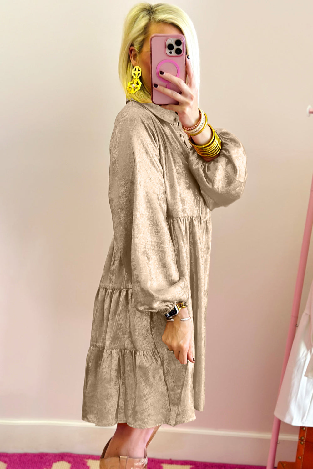 Apricot Metallic Sheen Puff Sleeve Button Up Mini Shirt Dress