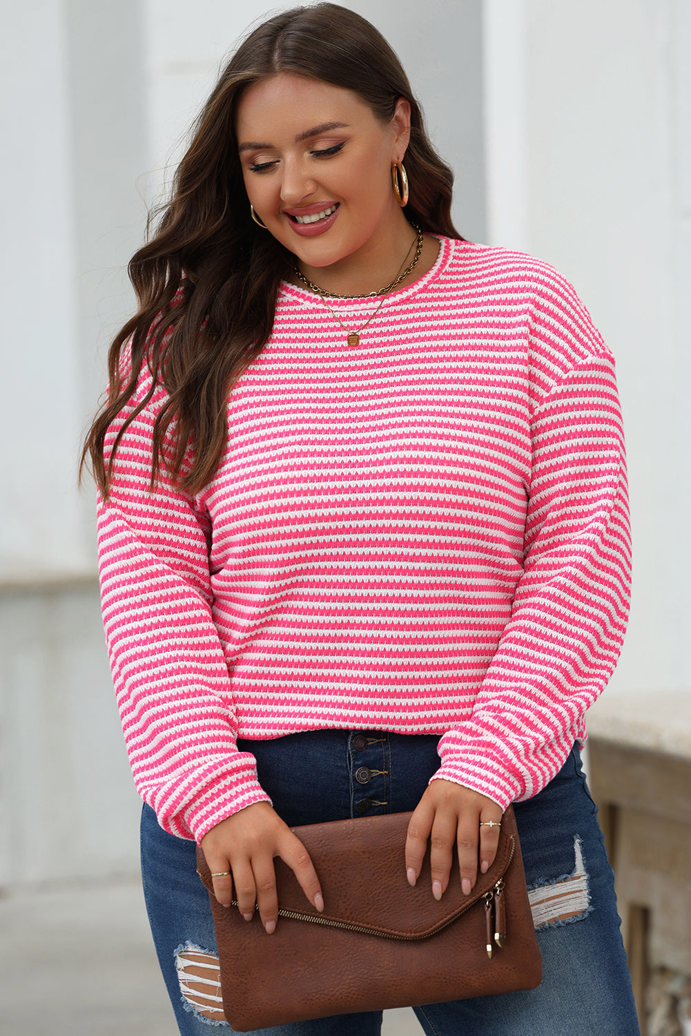 Rose Stripe Round Neck Drop Shoulder Long Sleeve Top