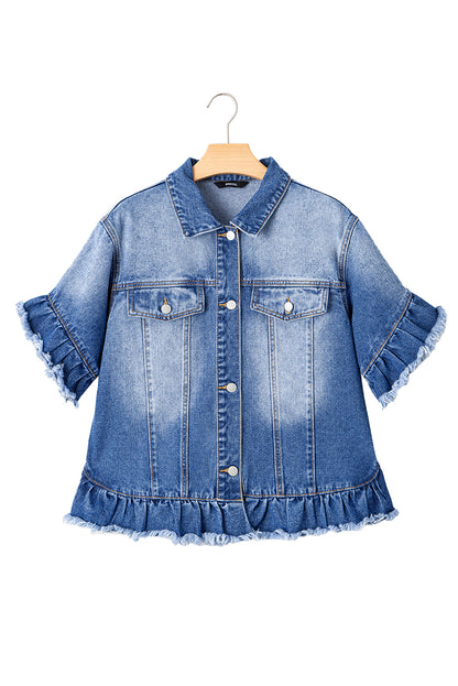 Peacock Blue Raw Edge Ruffled Short Sleeve Denim Jacket