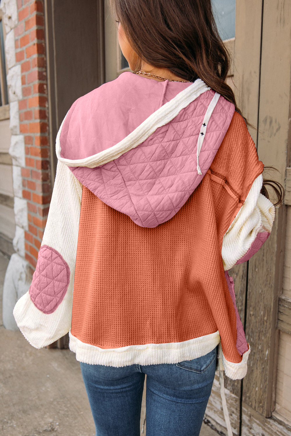 Coral Quilted Textured Patchwork Loose Fit Hooded Jacket