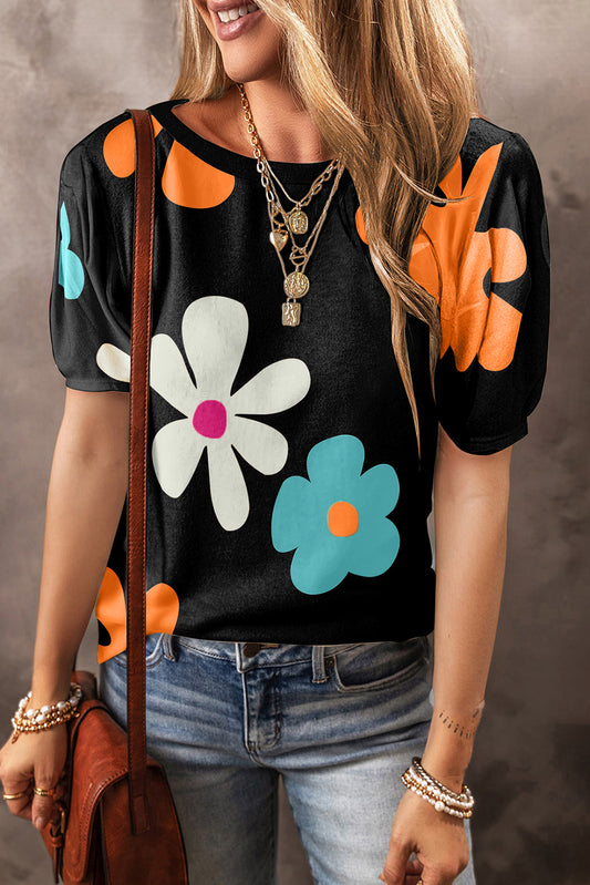 Black Flower Print Bubble Sleeve Tee