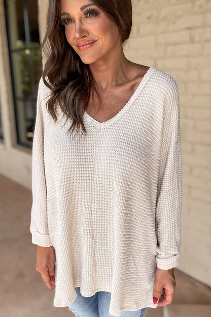 White Waffle Knit Side Slits Loose Fit V Neck Top