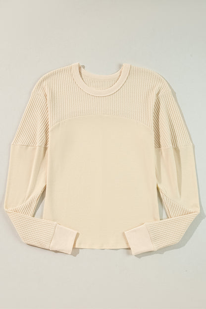 Beige Thermal Knit Patchwork Exposed Seam Long Sleeve Top