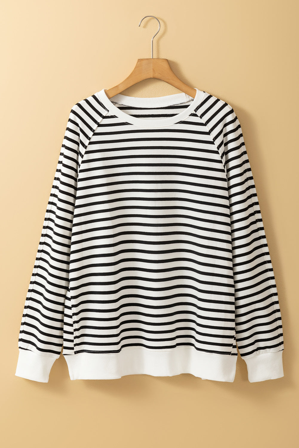 Black Stripe Raglan Sleeve Side Slits Loose Sweatshirt