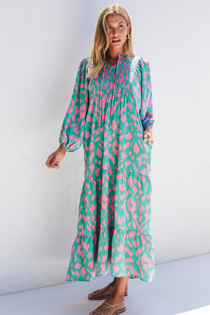 Green Abstract Print Puff Sleeve Tied Notched Neck Long Dress