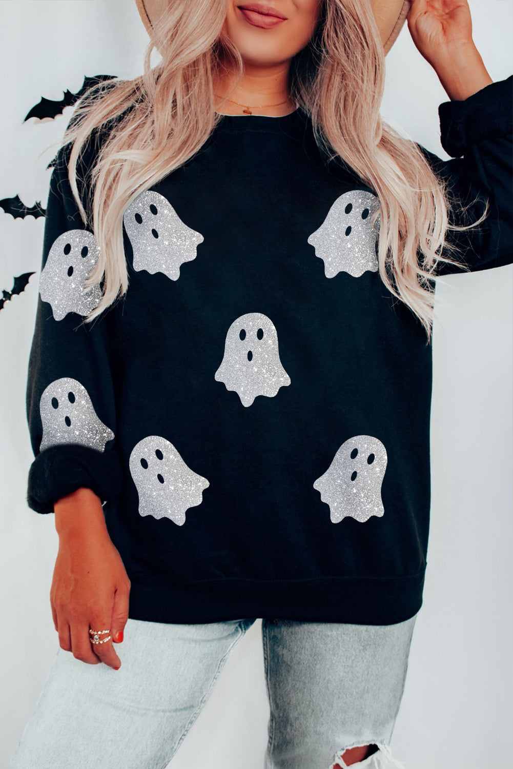 Black Glitter Ghost Pattern Crew Neck Halloween Sweatshirt