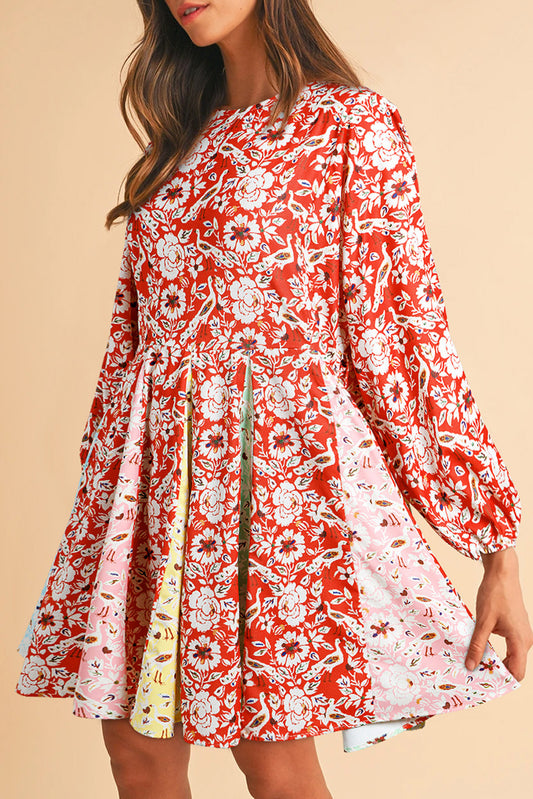 Red Colorful Floral Patchwork Long Sleeve Pleated Mini Dress