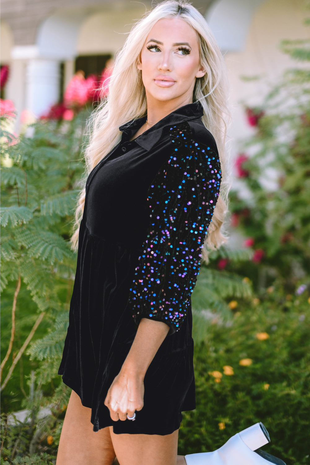 Black Sequin Puff Sleeve Buttoned Velvet Peplum Shirt