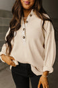 Jet Stream Waffle Long Sleeve Collar Half Button Loose Top