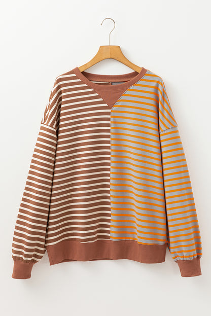 Brown Stripe Colorblock Drop Shoulder Oversize Sweatshirt