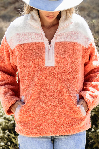 Orange Colorblock Half Zipper Stand Neck Sherpa Sweatshirt