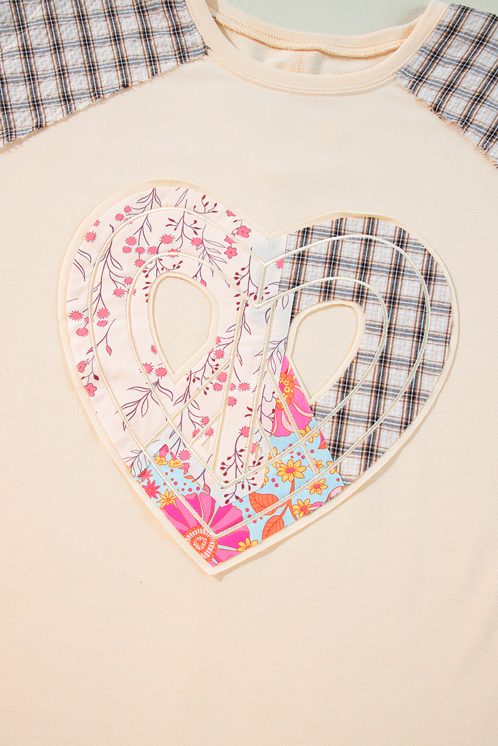 Beige Plaid Floral Peace Heart Graphic Wide Long Sleeve Top