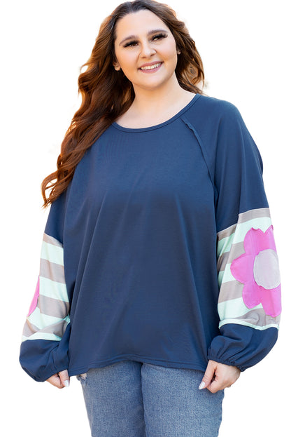 Sail Blue Flower Patchwork Raglan Sleeve Exposed Seam Oversized Top