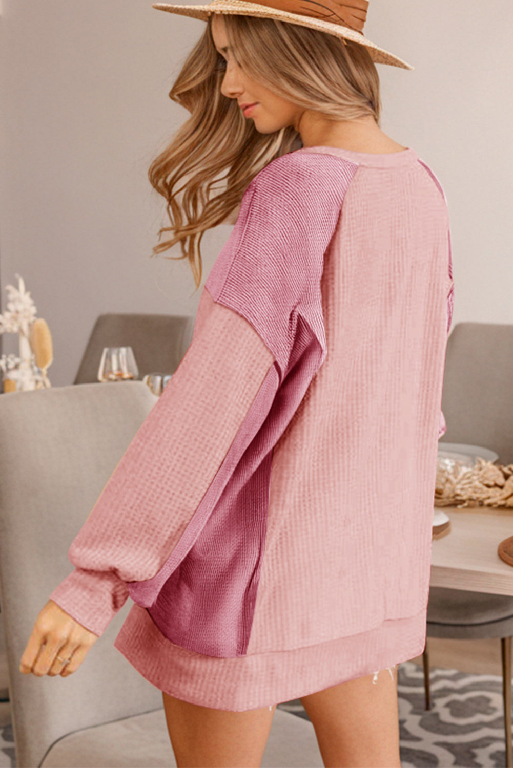 Apricot Pink Color Block Waffle High Low Raglan Sleeve Sweatshirt