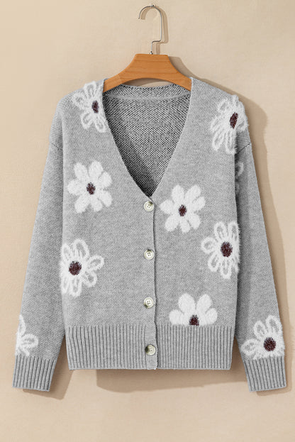 Light Grey Floral Print V Neck Knitted Button up Cardigan