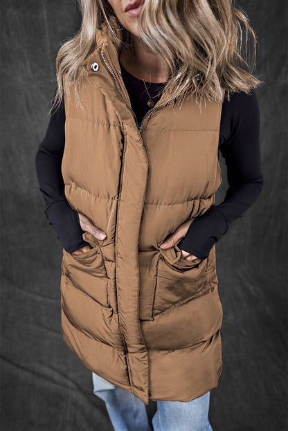 Coffee Windproof Longline Full Zipper Puffer Vest with Pockets