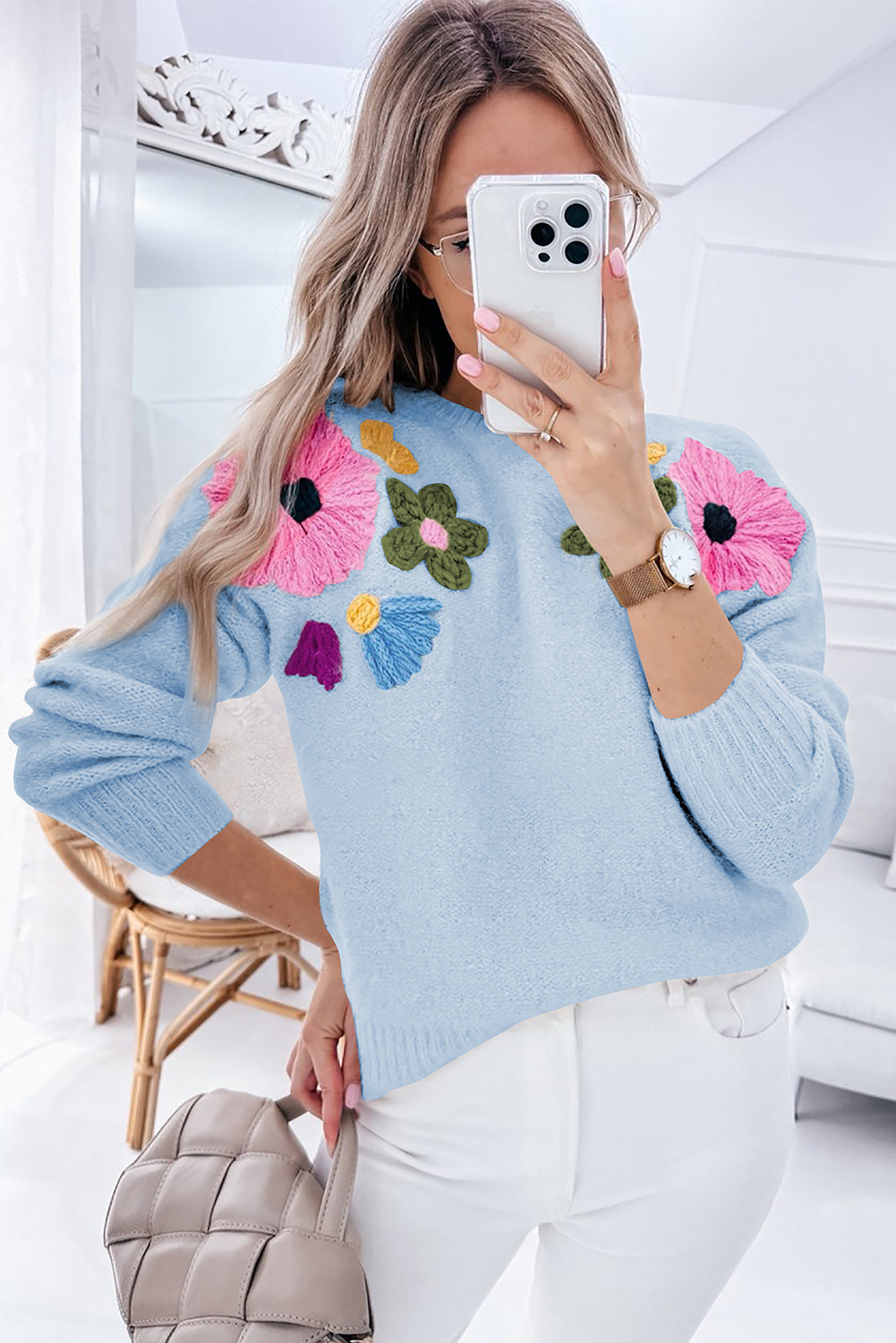 Light Blue Knitted Flower Pattern Ribbed Edge Sweater