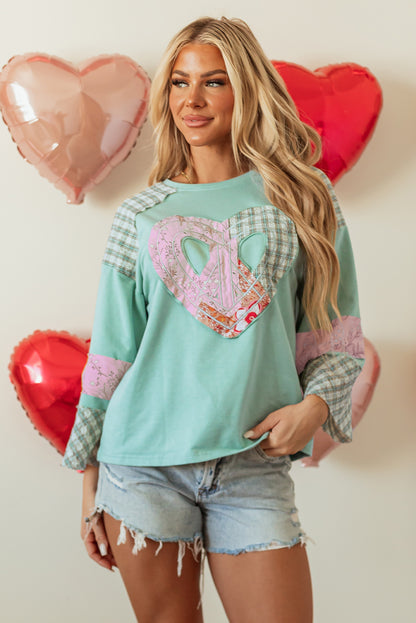 Clearly Aqua Plaid Floral Peace Heart Graphic Wide Long Sleeve Top